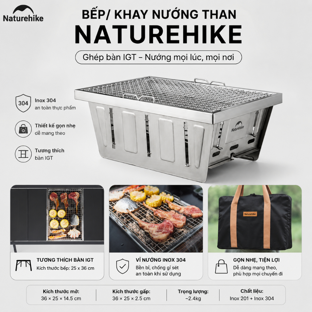 Bếp/ Khay Nướng Than Naturehike NH20CJ006, có thể Ghép Bàn IGT – Nấu Nướng Tiện Lợi, đa năng - SGTOOLS