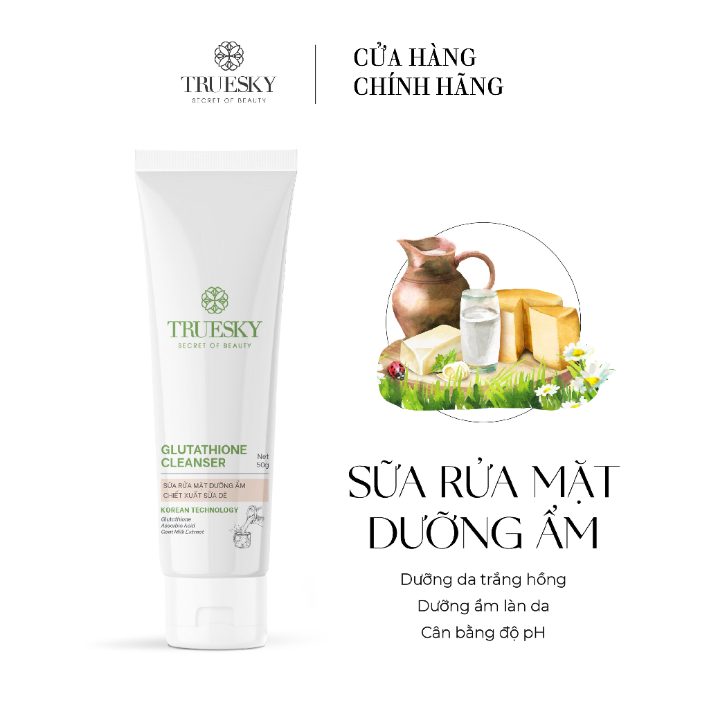 [CHÍNH HÃNG] Sữa rửa mặt sáng da và dưỡng ẩm Truesky Glutathione Cleanser chiết xuất sữa dê (50g)