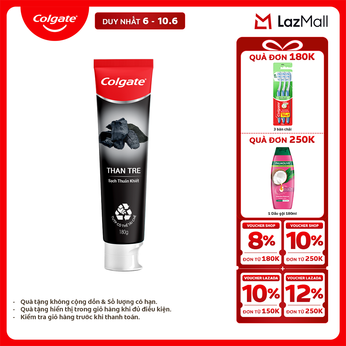 [Chỉ 6-10.6_X2 Voucher giảm 22%] Kem đánh răng Colgate thiên nhiên từ than tre Hàn Quốc 180g