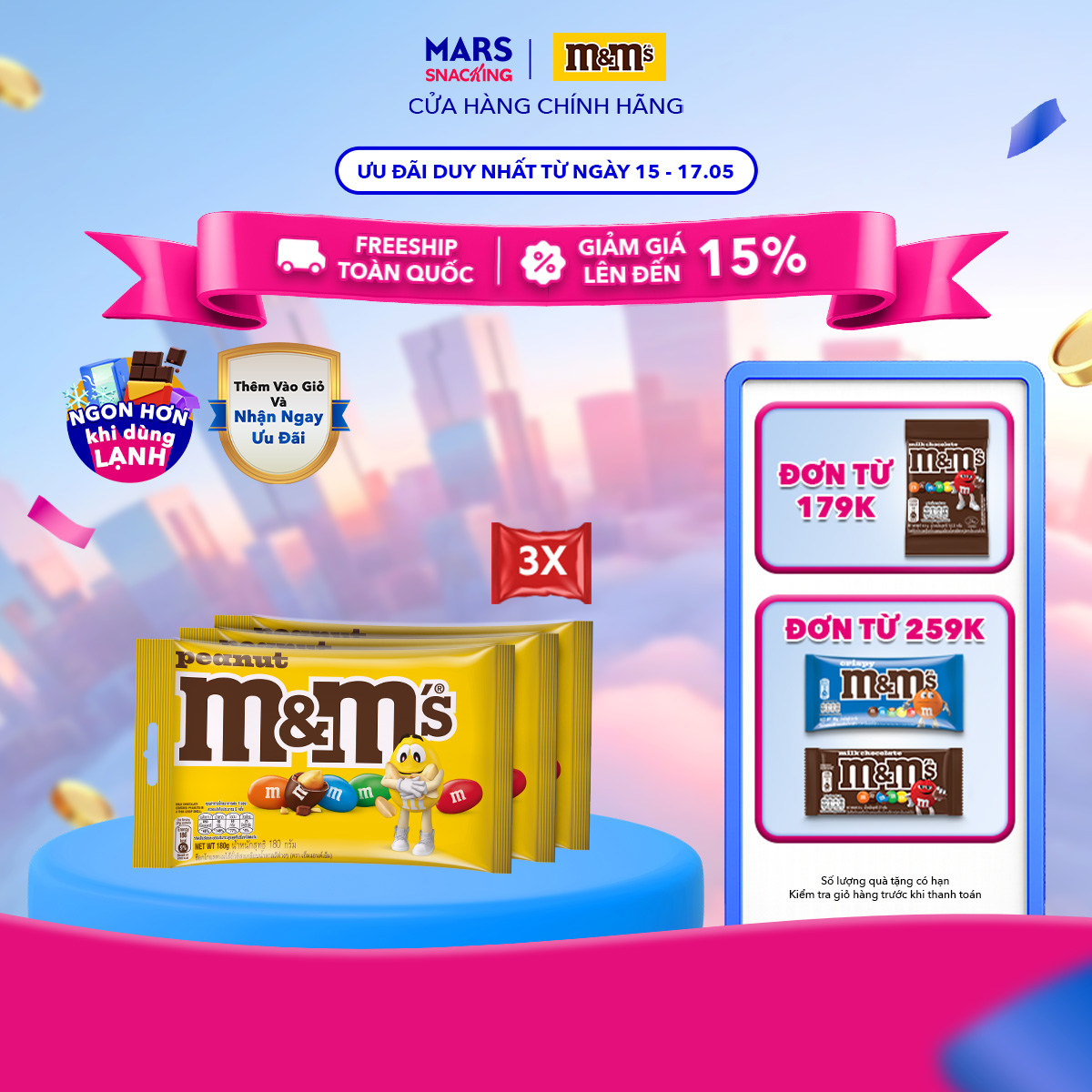 Combo 3 gói kẹo Socola sữa và đậu phộng MM 180g socola