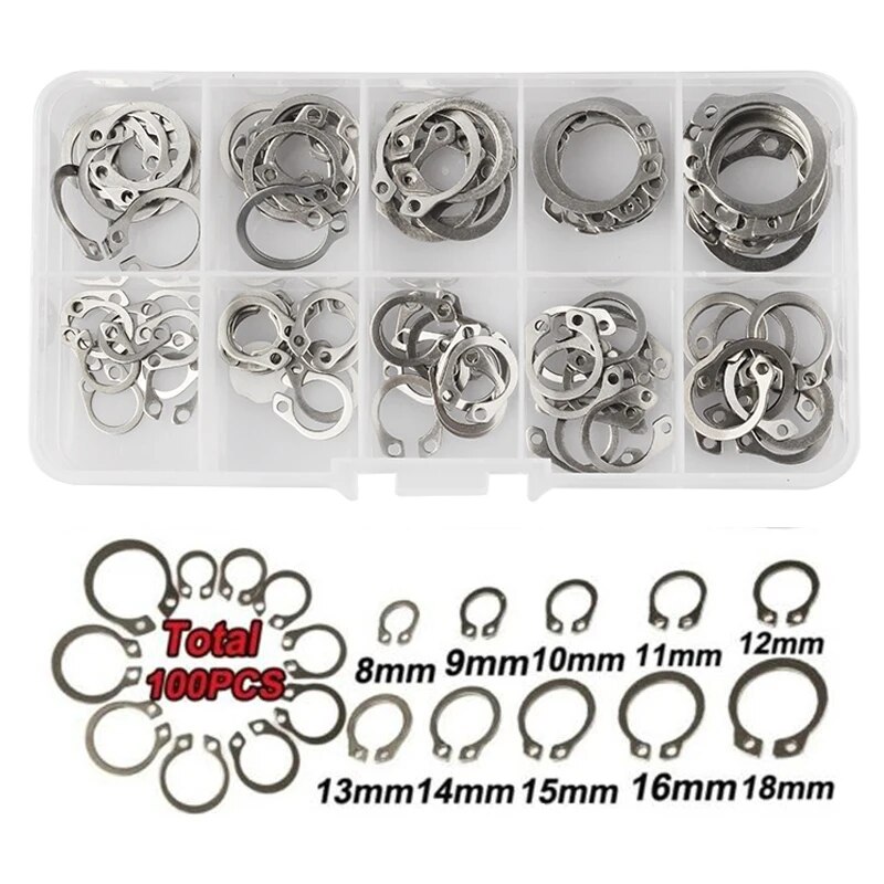Yingke 100pcs 304 thép không gỉ 8-18mm Trục C loại bên ngoài circlip mang kẹp giữ vòng khóa máy giặt Bộ dụng cụ phân loại