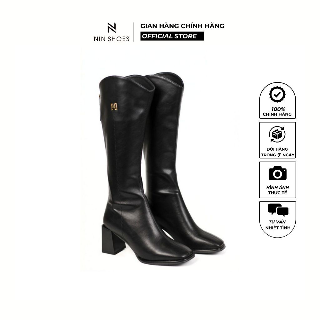 Bốt đùi nữ cổ cao Ninshoes giày bốt nữ cao gót mũi vuông da trơn phong cách hàn quốc kiểu dáng mới