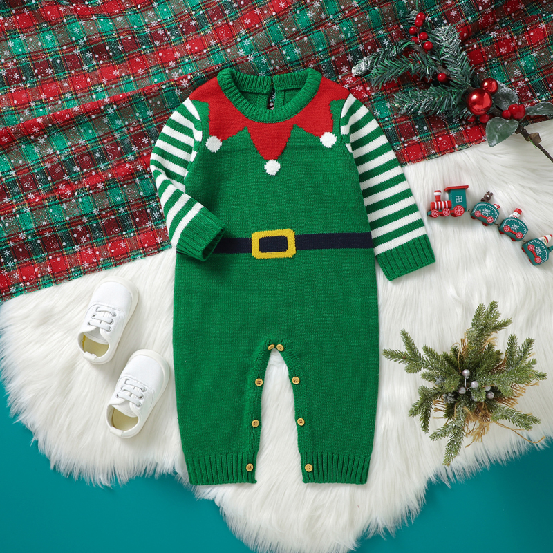 ANFUTON Infant Baby Christmas Knit Jumpsuit Belt&Stripe Print Long Sleeve