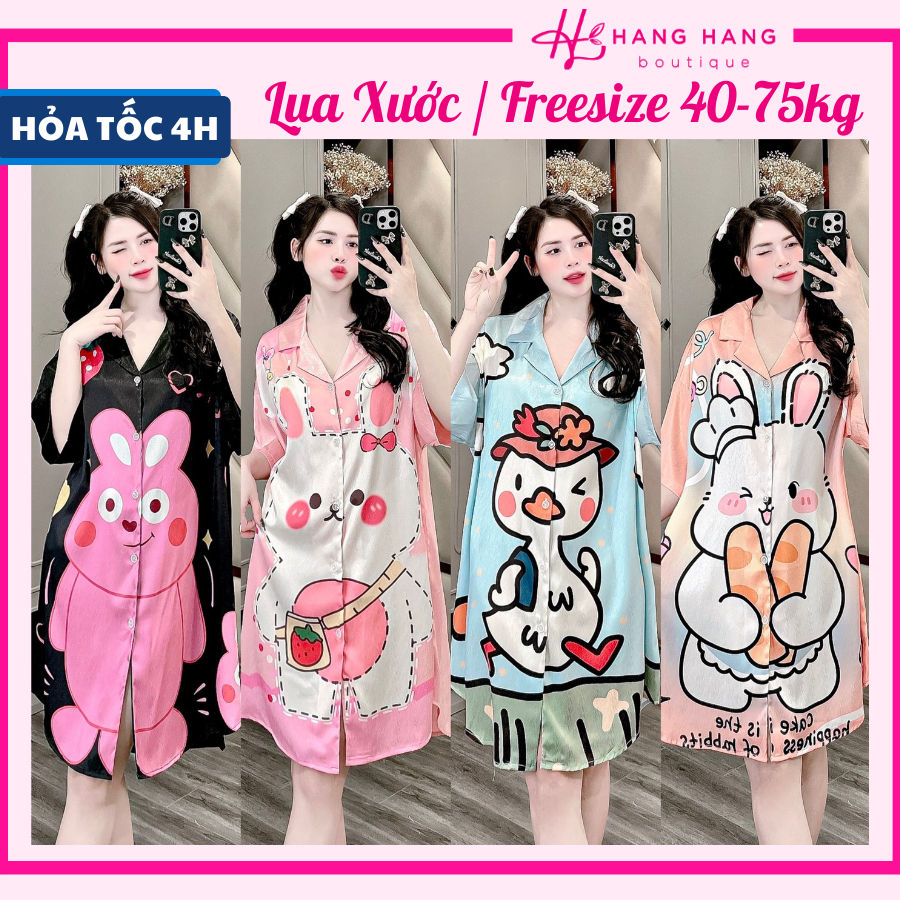 Đầm váy ngủ sơ mi lụa xước dáng rộng bigsize 40-75kg, đầm váy ngủ lụa cute gấu dâu dễ thương bầu bì mặc nhà xinh