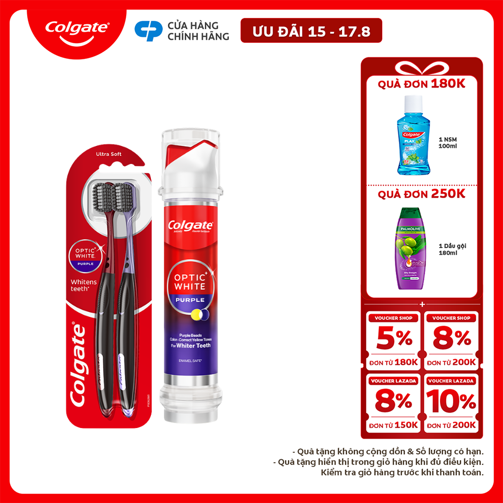 [Chỉ 15-17.8_X2 Voucher giảm đến 18%] Bộ Kem đánh răng Colgate Optic White Purple Vòi nhấn thông minh 130g và 2 bàn chải trắng răng