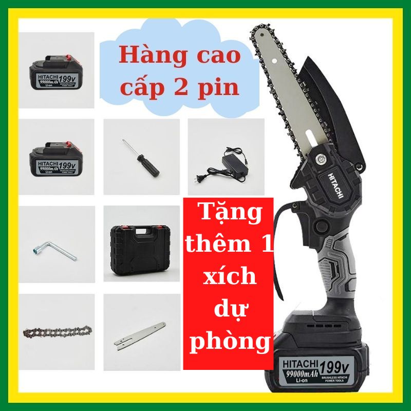 Máy cưa xích dùng pin cầm tay mini lưỡi cưa dài 6inch Hitachi 199V máy cưa gỗ cưa xích chạy pin Lõi đồng không chổi than