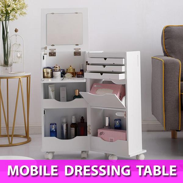 Mobile Portable Dressing Table Mirror Storage Cabinet Organizer with Wheels
