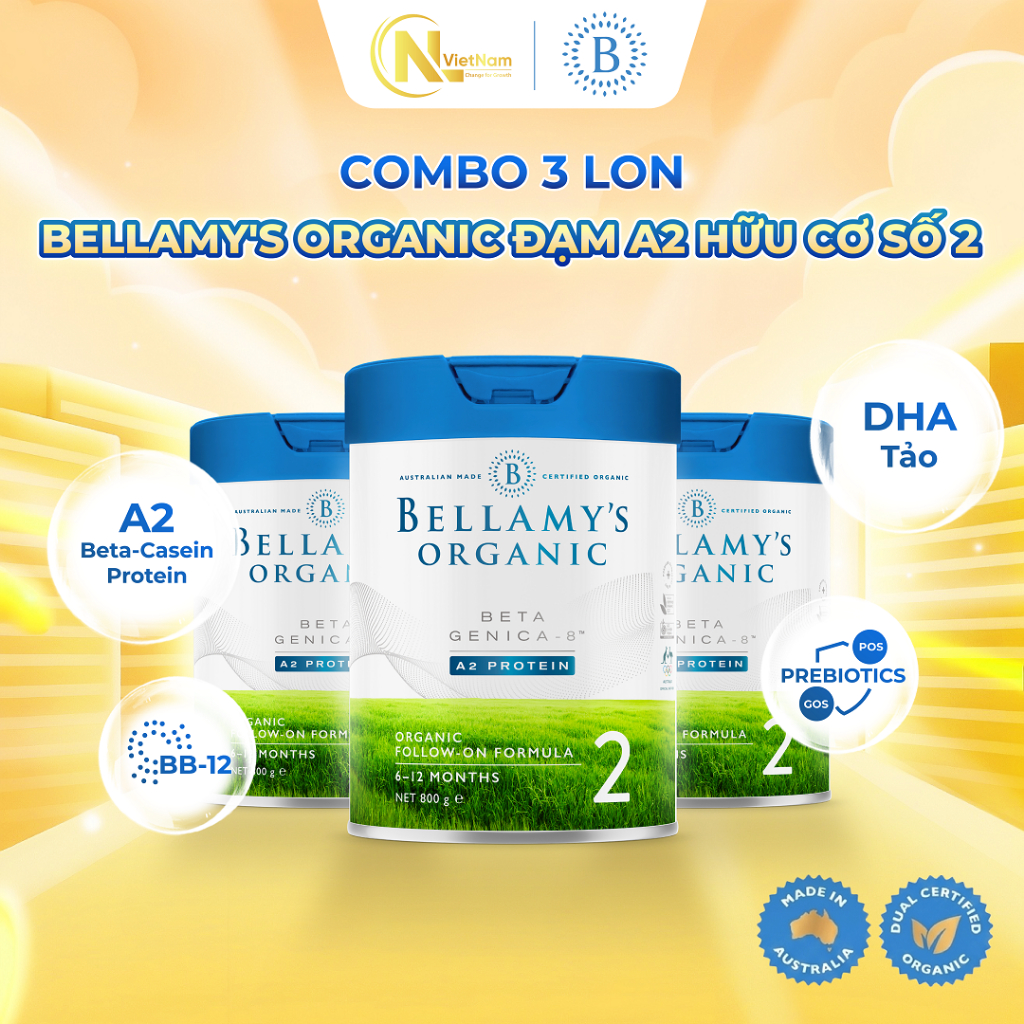 (Kèm quà) Combo 3 lon Sữa Hữu Cơ Bellamy's Organic A2 Số 2 800g