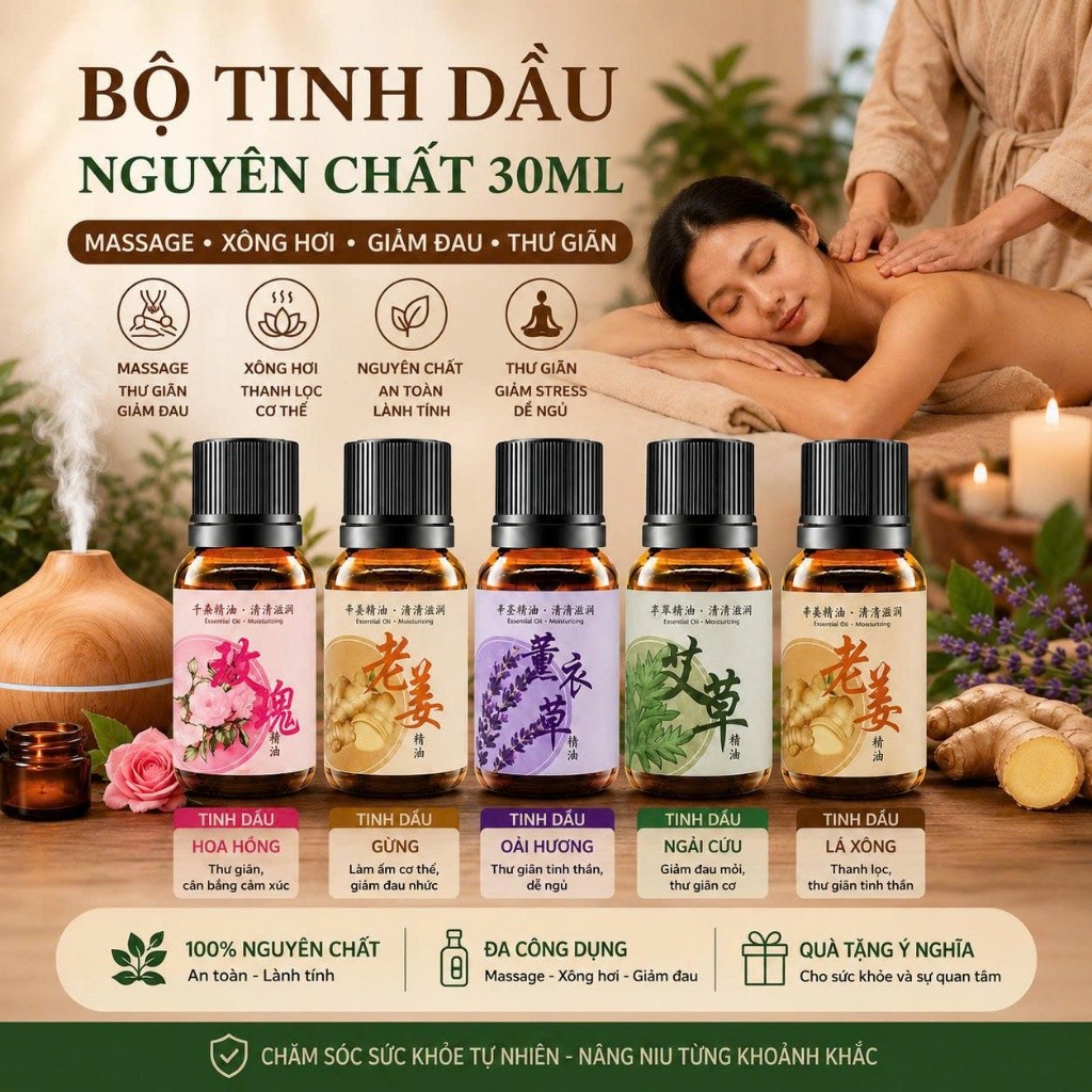 [Bao bì mới] Bộ Tinh Dầu Nguyên Chất 30 ml– Massage • Xông Hơi • Giảm Đau • Thư Giãn