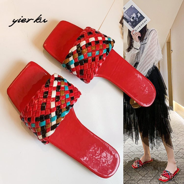 Women's 2023 new one line woven strap lightweight women's sandals and slippers Korean version lazy beach shoes