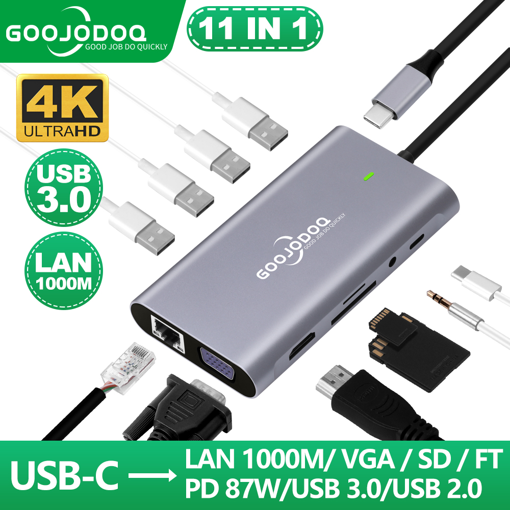GOOJODOQ 11 In 1 หลาย USB C HUB สถานีเชื่อมต่อแล็ปท็อปสําหรับ Dell HP MacBook Pro Type C Dock HDMI PD 3.0 USB RJ45 VGA PD AUX TF / SD