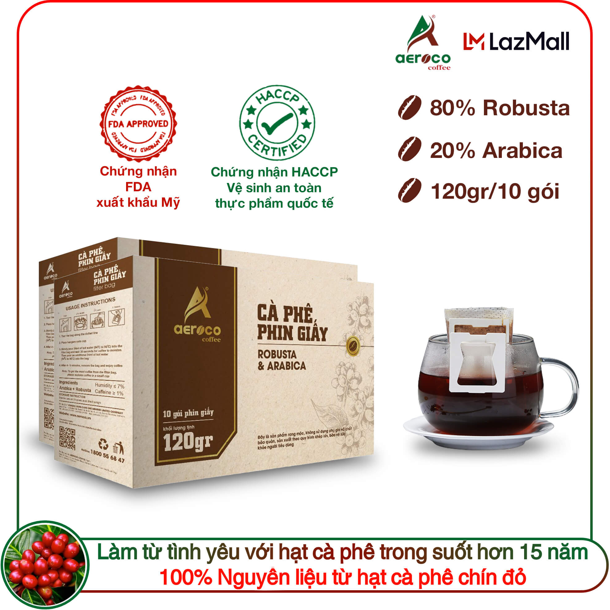 10 gói 12g_Cà phê phin giấy túi lọc AEROCO COFFEE nguyên chất 100%