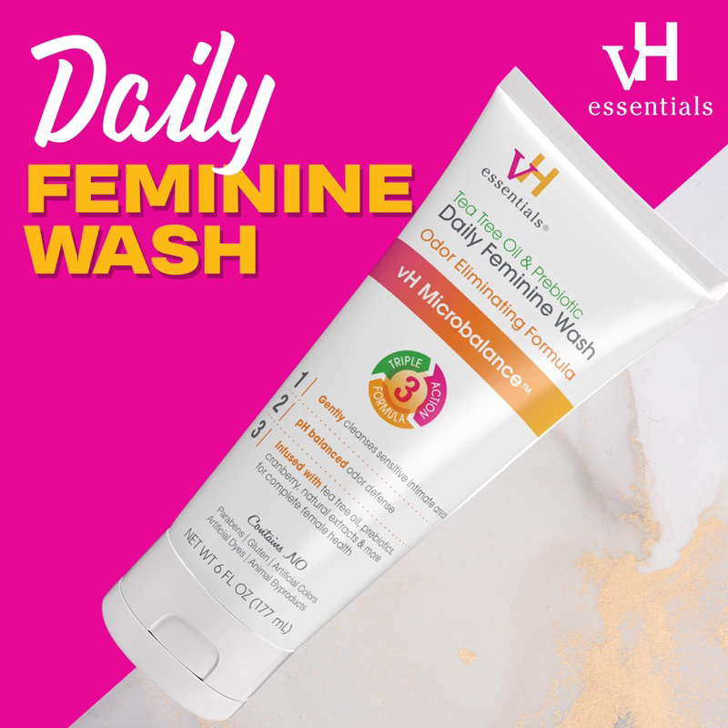Dung dịch vệ sinh phụ nữ probiotics vH essentials - Chứa Thành Phần Tự Nhiên: Có thể bao gồm các thành phần tự nhiên như lactic acid, prebiotics, vitamin E, và dầu cây trà, giúp nuôi dưỡng và bảo vệ làn da.