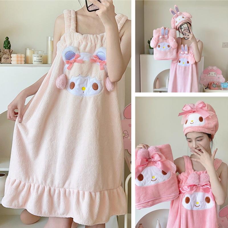 《910》Áo choàng tắm phong cách hoạt hình Nhật Bản dễ thương My Melody, váy tắm, khăn tắm lớn dễ thương, khăn tắm nhỏ, mũ sấy tóc