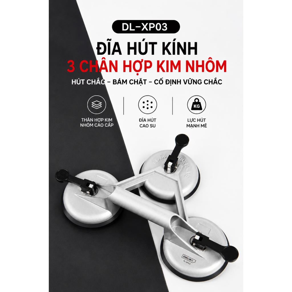 Dụng Cụ Hút Kính 3 Chân Deli DL-XP03 Hợp Kim Nhôm Cao Cấp - Tay Hút Chân Không Nâng Kính, Gạch Men, Đá, Tải Trọng 130kg