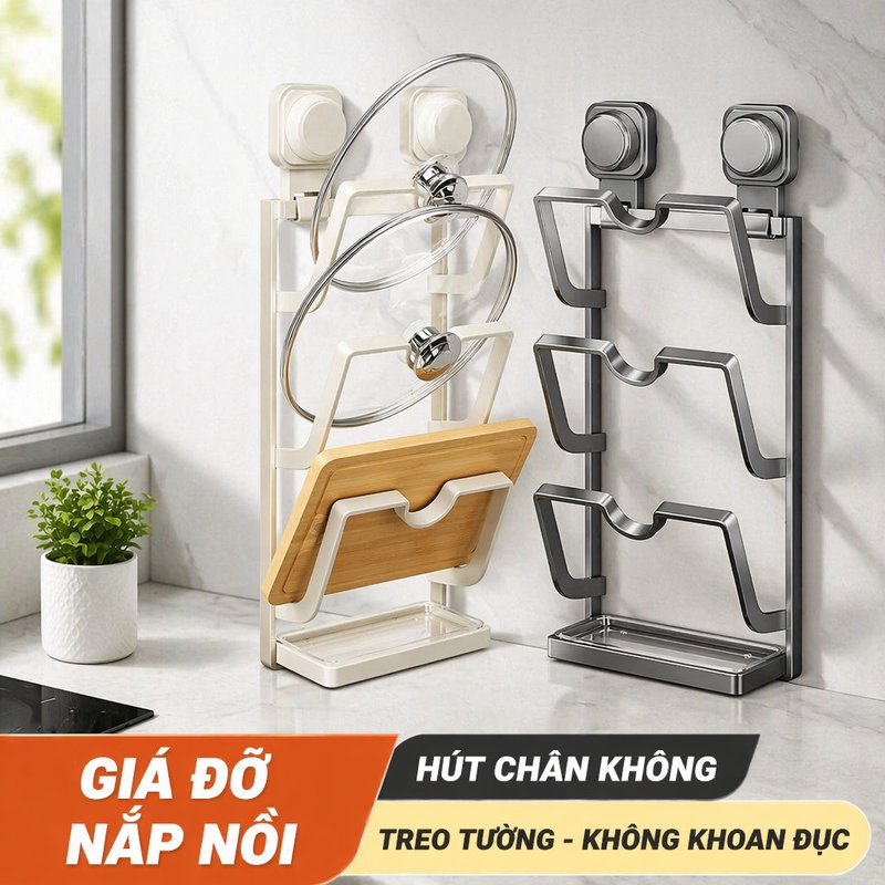 giá đỡ nắp nồi kệ treo tường cốc hút abs chống trượt ba tầng để khăn bếp tiết kiệm diện tích