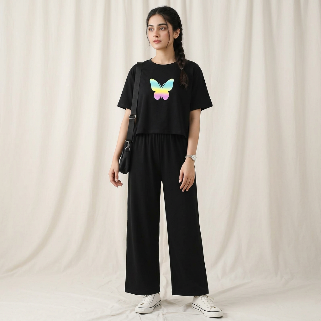 Black T-Shirt & Trouser Set with Rainbow Butterfly Print | Soft Cotton Jersey Casual & Nightwear for Women & Girls (S-XL & 7-14 Years)