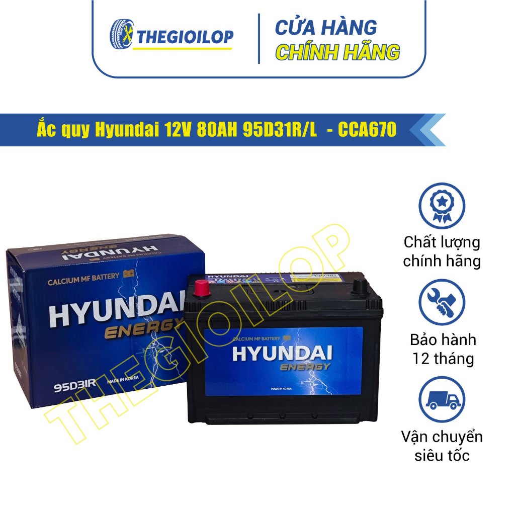 Bình ắc quy Huyndai 12V 80AH 95D31R/L  - CCA670 - Dùng cho Hyundai 29 chỗ, Xe tải - Thegioilop