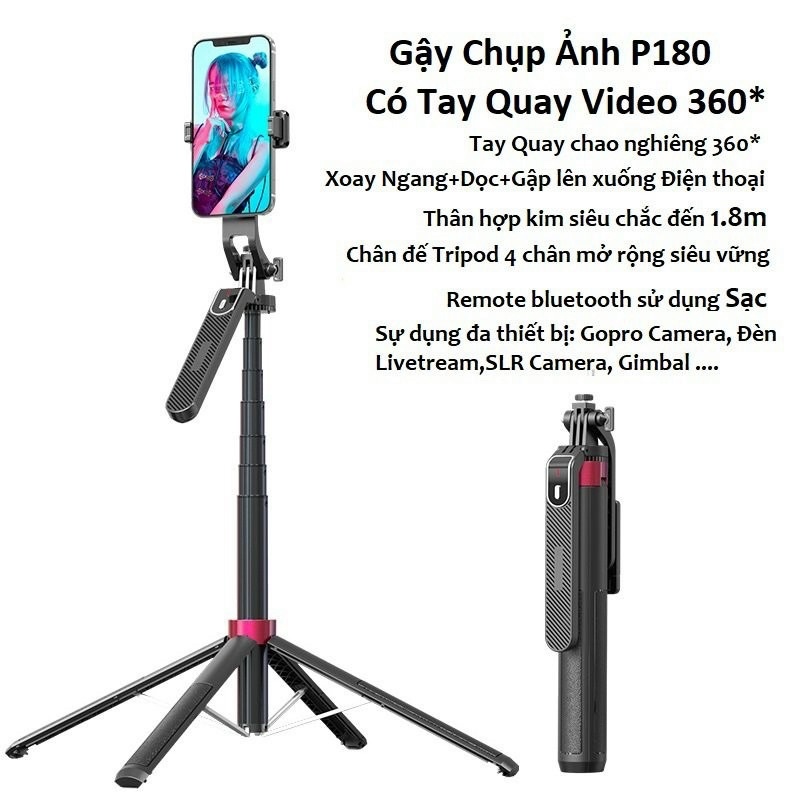 Gậy chụp ảnh 4 chân P180 1m8 có tay quay Video 360 độ và Gậy Chụp Hình 3 Chân Y21S Có Đèn. LMS