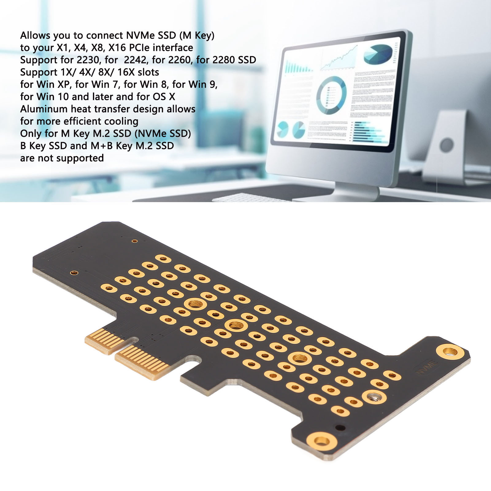 NVMe M.2 để PCIe X1 Card nâng PCI Express 3.0 bo mạch mở rộng nửa chiều cao vách ngăn nhôm thiết kế truyền nhiệt cho OS x cho win