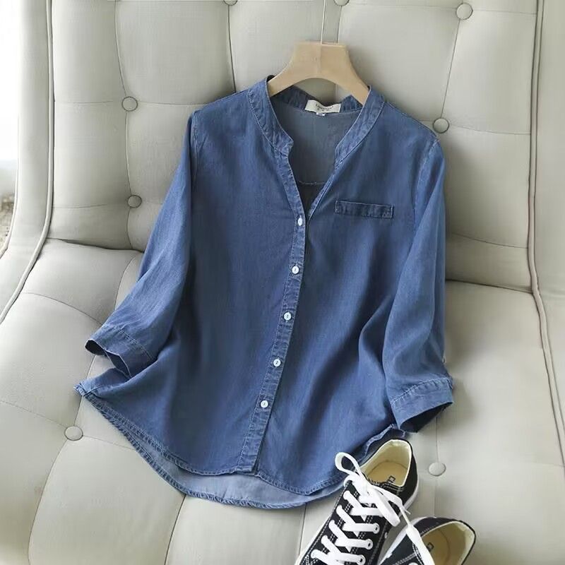M-4XL áo thường ngày dáng rộng Hàn Quốc cổ chữ V Áo sơ mi denim áo sơ mi denim mỏng tay 3/4