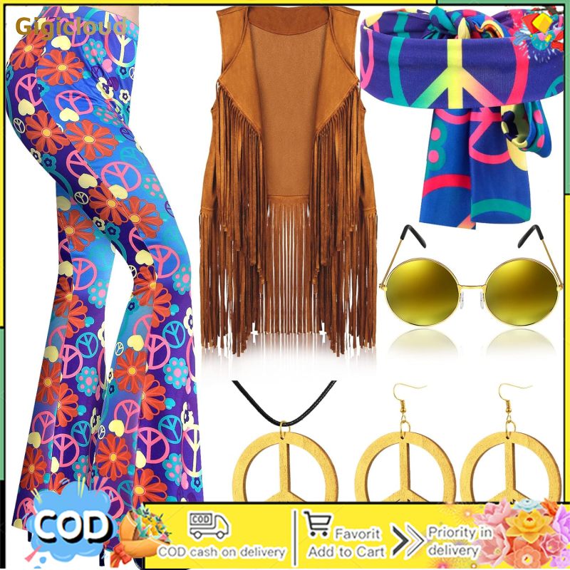 Women Hippie Costume Accessories 70s Costume Outfit Kit Fringe Vest Flared Pants Headscarf Sunglasses Earrings Necklace ราคา 514 บาท*ส่งฟรี