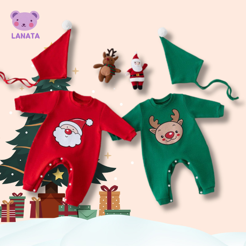 [Kèm mũ] Bodysuit cho bé chất Cotton Hình Noel dễ thương, Bộ thu đông cho bé gái bé trai, Mẫu quần áo sơ sinh 0-12M