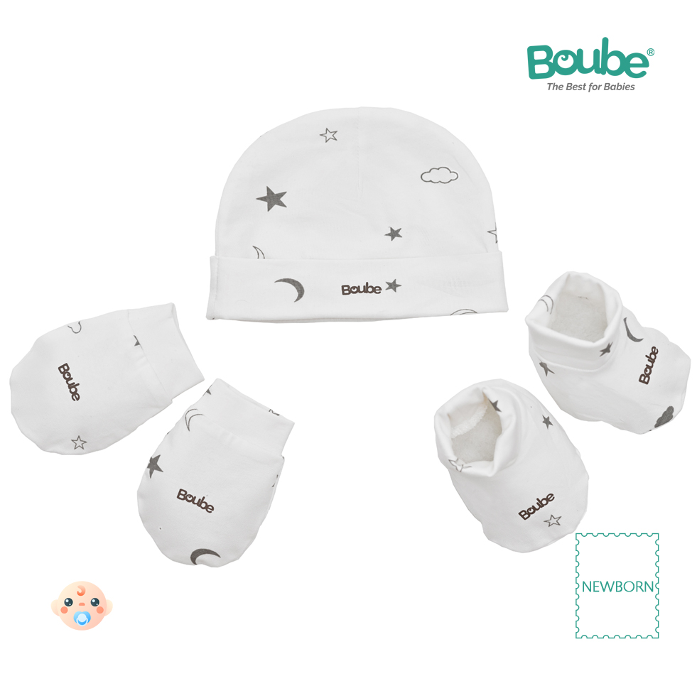 Set phụ kiện mũ, bao tay, bao chân họa tiết dễ thương cho bé sơ sinh Boube