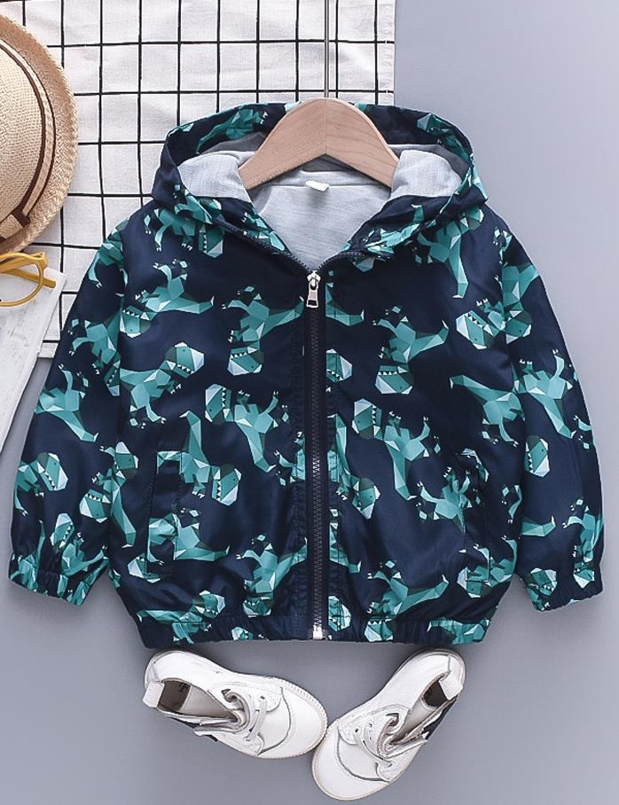 Rolanko Windbreaker Jacket for Kids Boys Hooded Coat Dinosaur