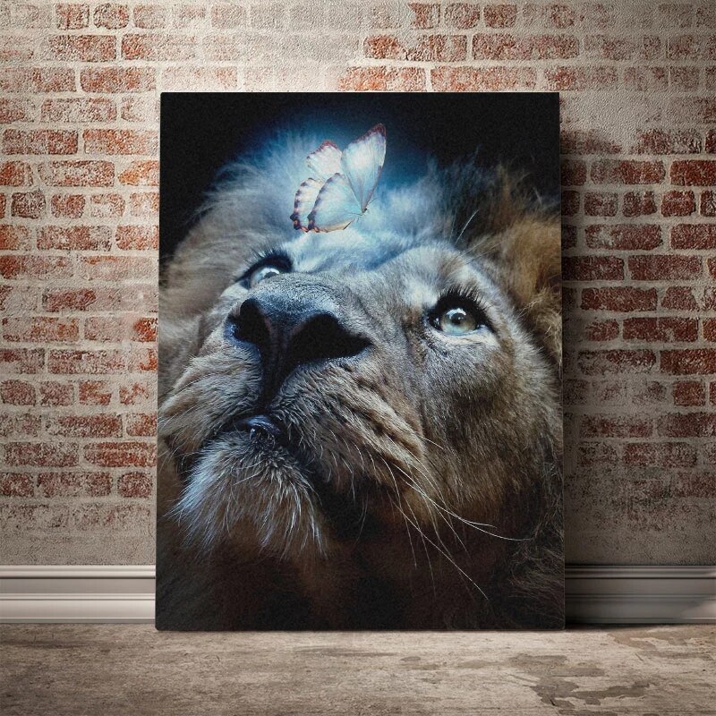Drame sư tử với bướm trang trí nội thất vải in Poster động vật sơn tường hiện đại nghệ thuật HD hình ảnh cho phòng khách Modular khung