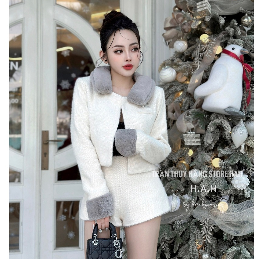 Set đồ nữ tiểu thư sang chảnh thu đông áo dạ phối cổ lông kèm quần short đùi thiết kế cao cấp tiểu t