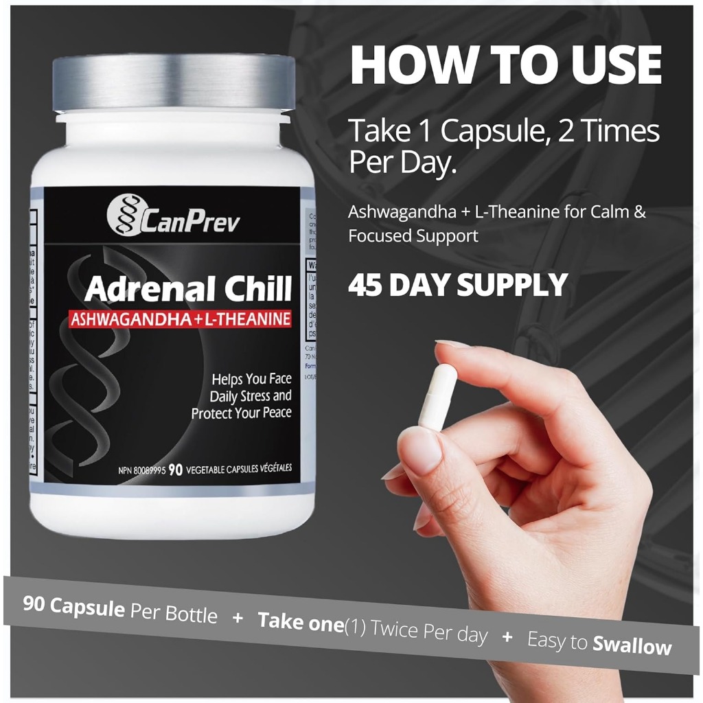 CanPrev Adrenal Chill Ashwagandha + L-Theanine - Tăng Cường Sinh Lực Nam Giới, Giảm Stress - Tăng cường sinh lực và hỗ trợ mức Testosterone khỏe mạnh.  - Cải thiện sự tập trung và minh mẫn tinh thần.  - Thúc đẩy giấc ngủ sâu và chất lượng.