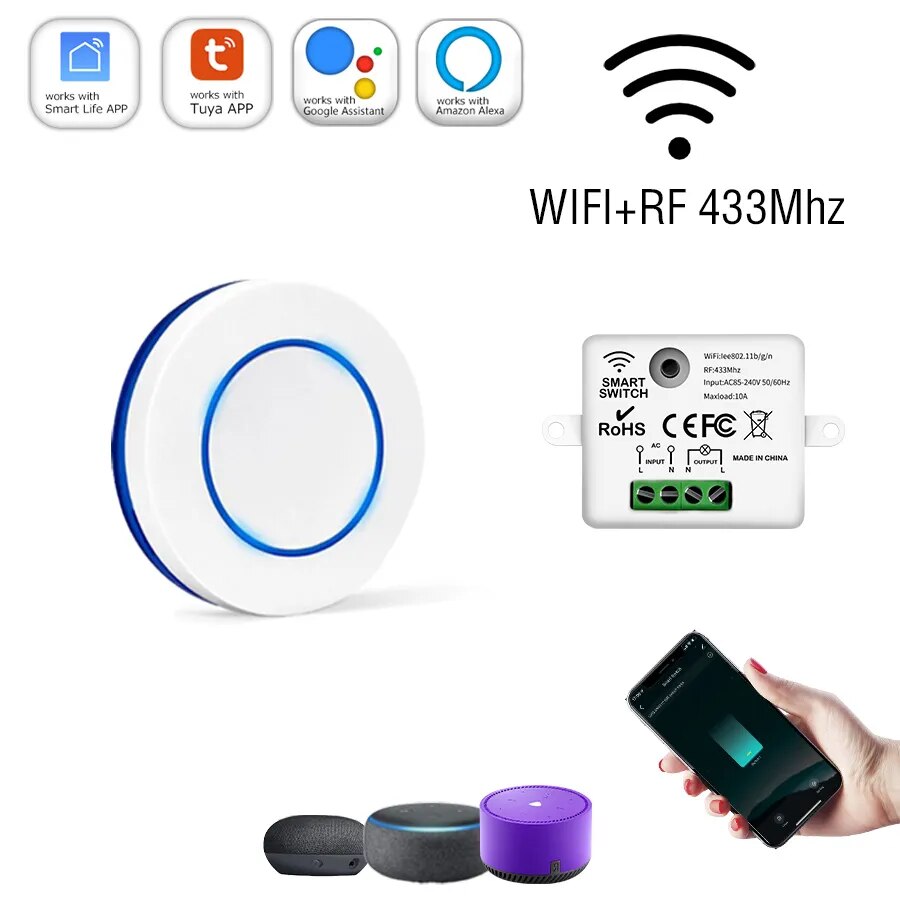 Tuya wifi thông minh switct 433Mhz đèn không dây mini bảng tròn chuyển đổi ứng dụng Bộ hẹn giờ từ xa điều khiển bằng giọng nói Google nhà Alexa