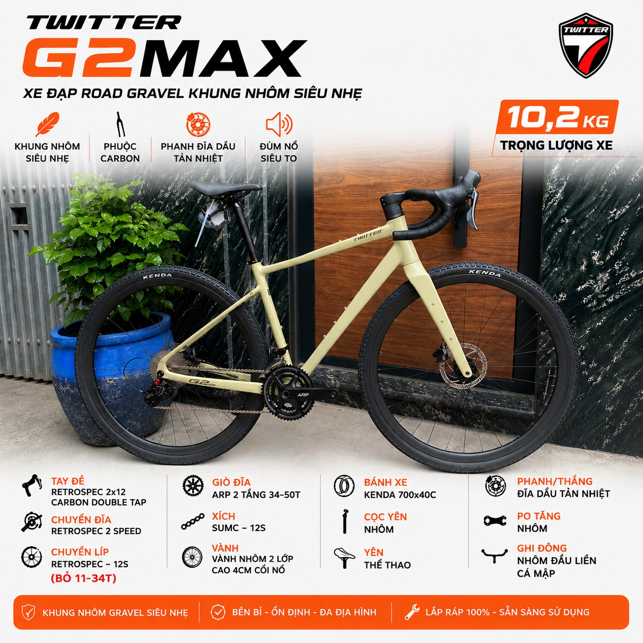 XE ĐẠP THỂ THAO ROAD/GRAVEL TWITTER G2MAX – KHUNG NHÔM SIÊU NHẸ | RETROSPEC 2x12 | PHANH DẦU | CHỈ 10.2KG