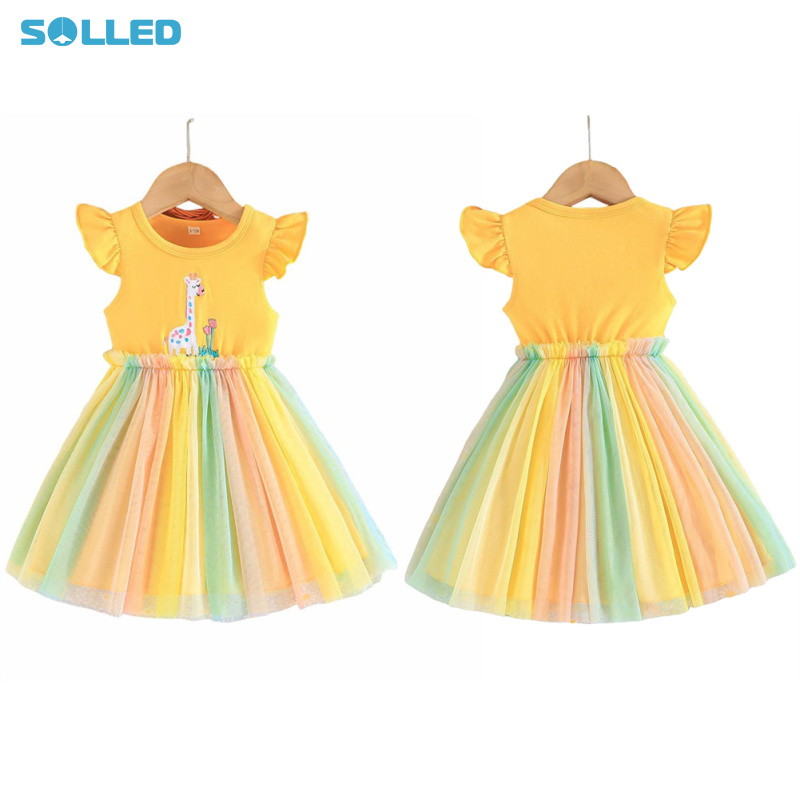 Baby Girl Round Neck Dress Summer Casual Cotton Flutter Sleeve A-Line Skirt Cartoon Print Layered Tulle Sundress