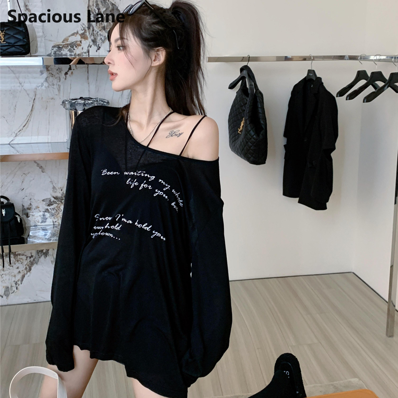 Spacious Lane GW Women's T-shirt Off-the-shoulder T-shirt Medium and long black Spice Girl loose sunscreen long-sleeved blouse design top