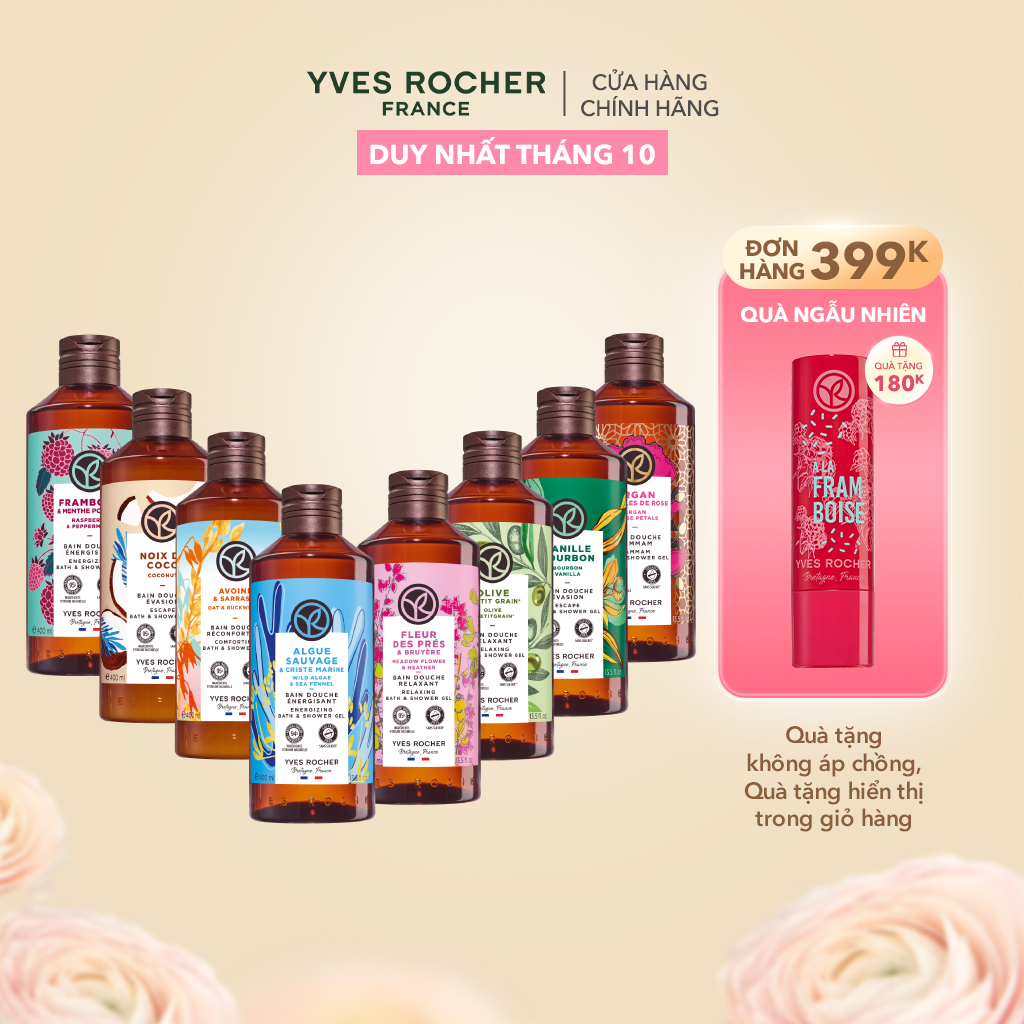 Sữa tắm thiên nhiên dạng gel không Sulfate Yves Rocher nuôi dưỡng da mịn màng 400ml (nhiều mùi hương)