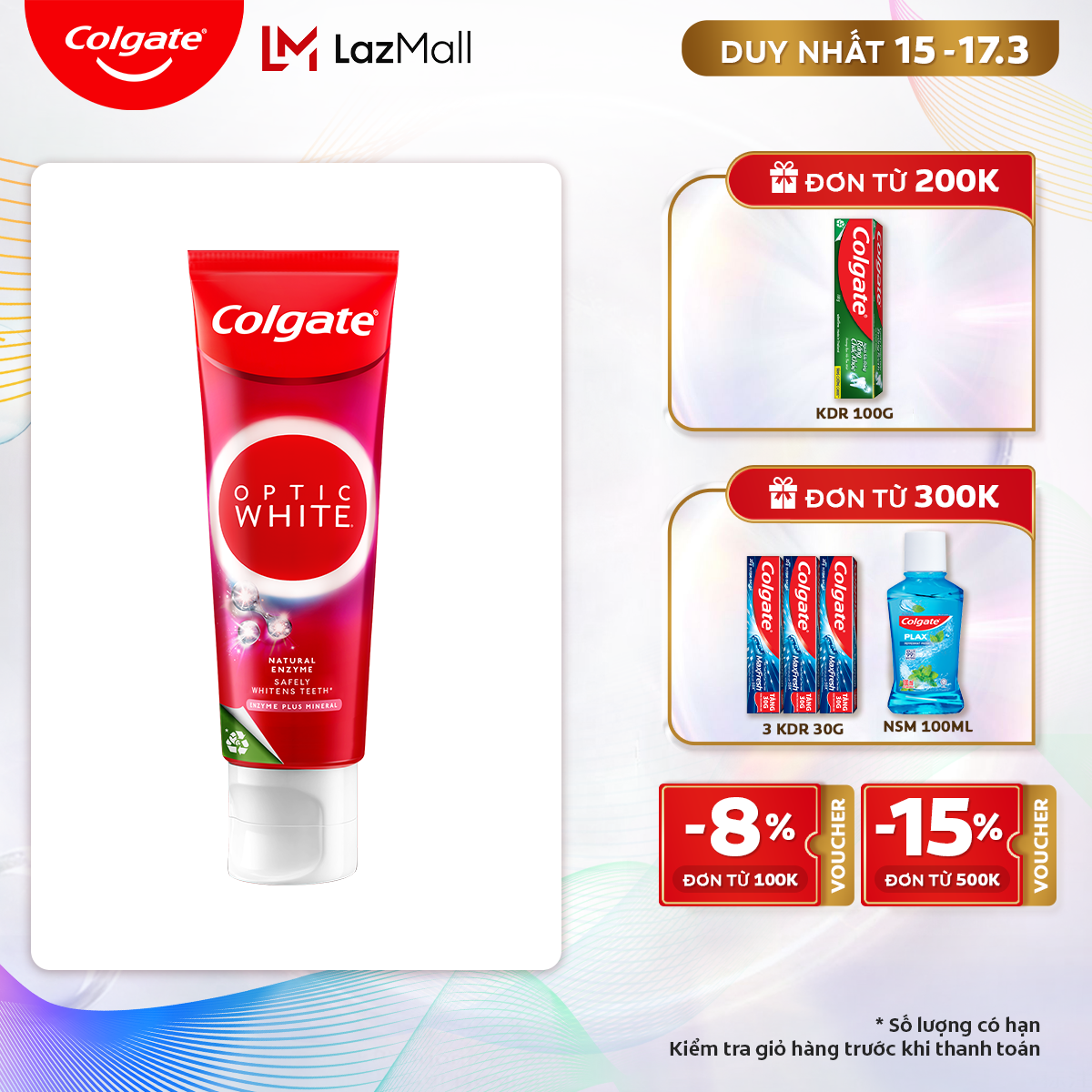 [Chỉ 15 - 17.3_Áp Voucher giảm thêm đến 15% ]Kem Đánh Răng Colgate trắng răng Optic White hương đào 