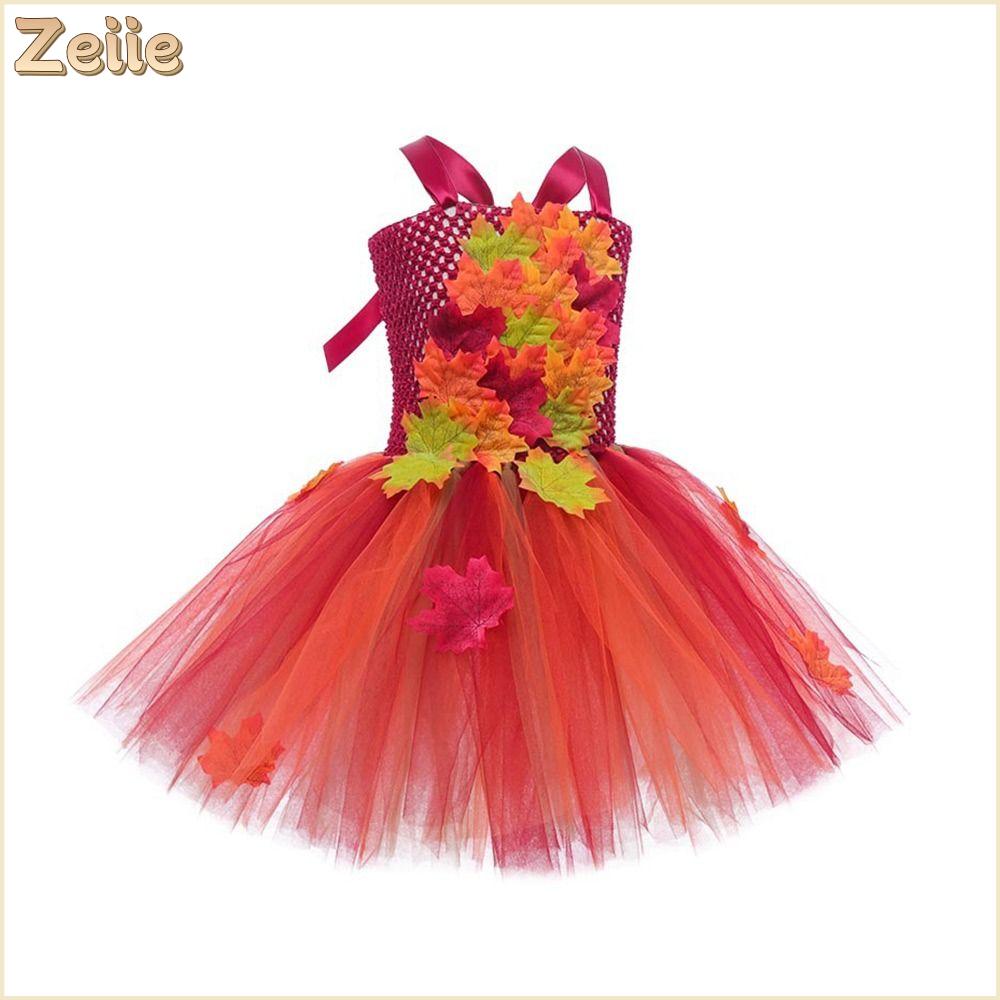 ZEIIE Lá phong Váy Tutu cho trẻ em với Hairpin Màu sắc mùa thu Váy công chúa Thời trang Phồng phềnh Váy Ngày Lễ Tạ Ơn Các cô gái