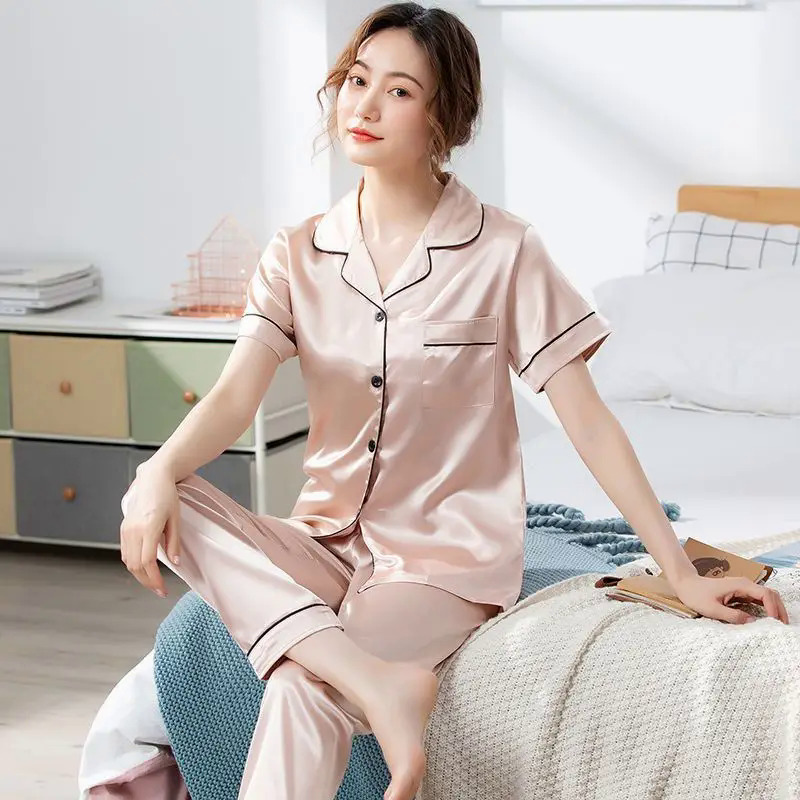 Phụ nữ mới băng lụa đồ ngủ Homewear phù hợp với phụ nữ mùa hè ngắn tay Homewear Phần mỏng của mô phỏ