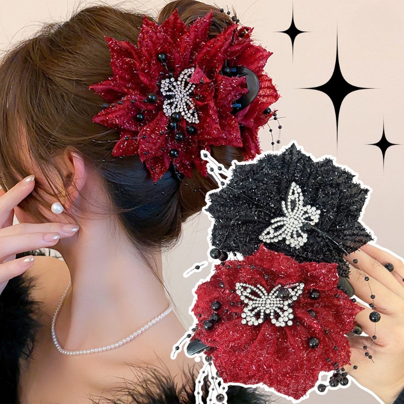 2PCS Joyful Red Big Flower Shark Grip Sweet Rhinestone Butterfly Fringe Hair Clip Retro Versatile Hair Accessory for Women