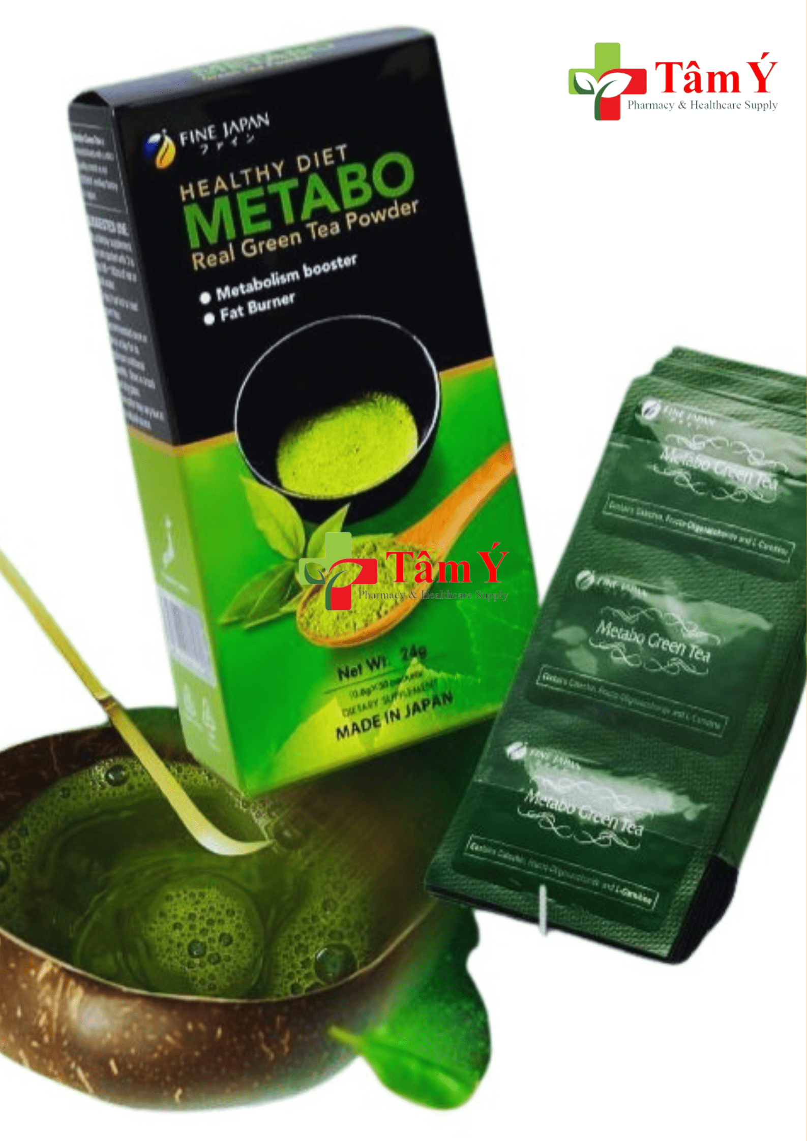 Trà xanh matcha thải độc của Nhật Metabo Green Tea Fine Japan Hộp 24 gói