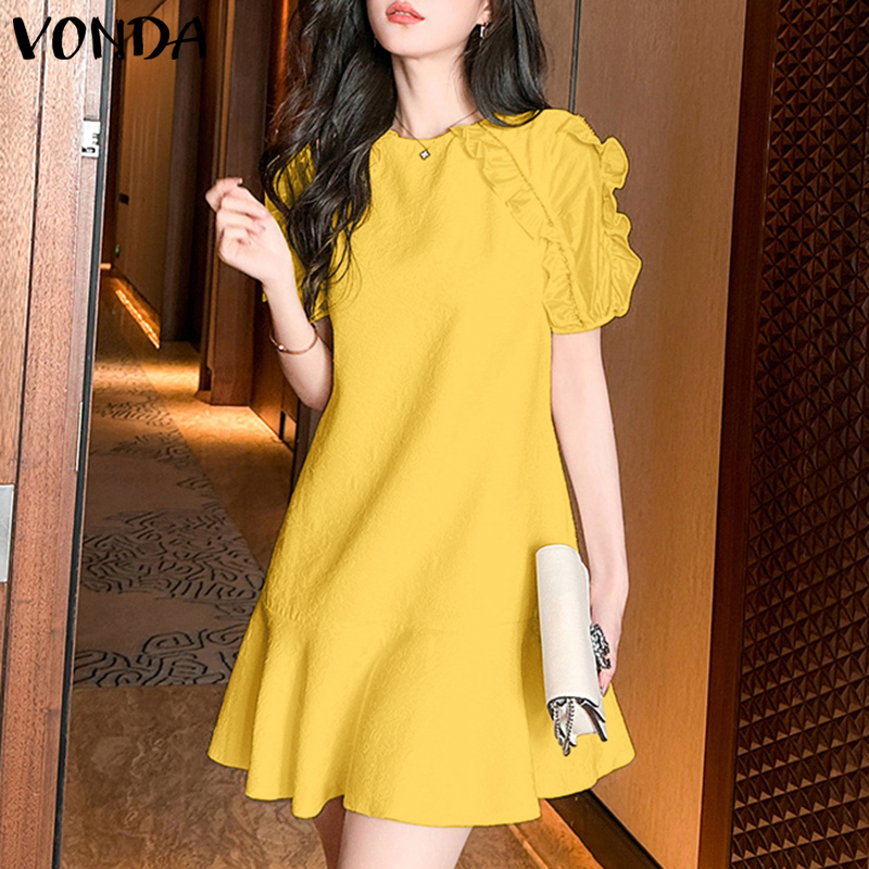 VONDA Womens Elegant Lantern Sleeve Fungus Edge Stitching A-Line Dress Office OL Solid Dress (Korean Causal)