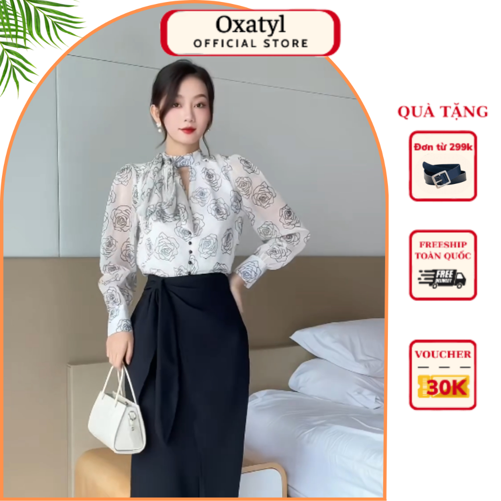 Áo sơ mi nữ kiểu đẹp cổ áo tròn thắt nơ họa tiết hoa hồng vải 2 lớp A211