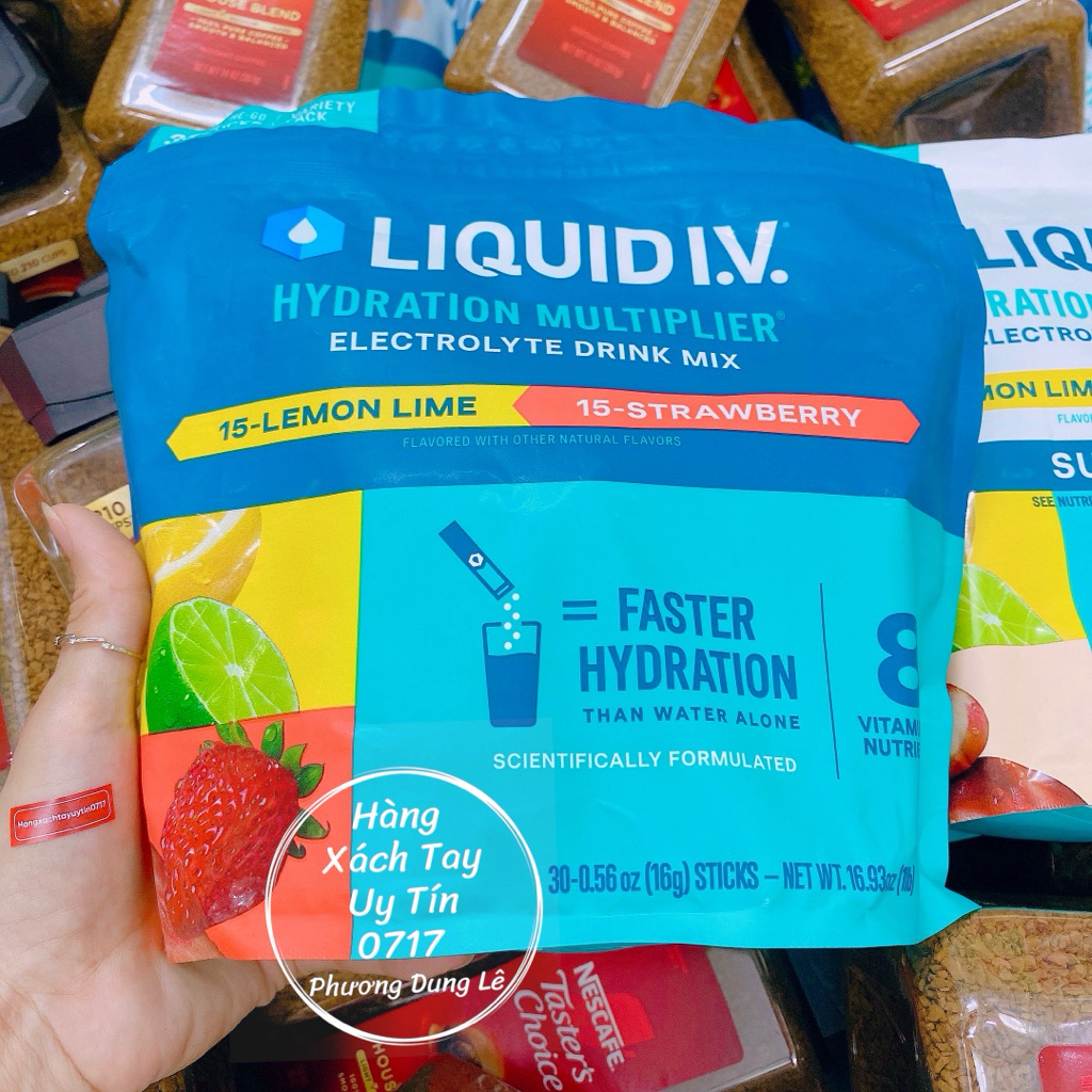 (1 Túi) 30 gói vị chanh và vị dâu bột bù nước bù điện giải Liquid IV chuẩn Mỹ Hydration Multiplier Electrolyte Drink Mix - bổ sung điện giải,nước,khoáng và các chất dinh dưỡng quan trọng khác,quá trình hydrat hóa diễn ra nhanh hơn khi ch