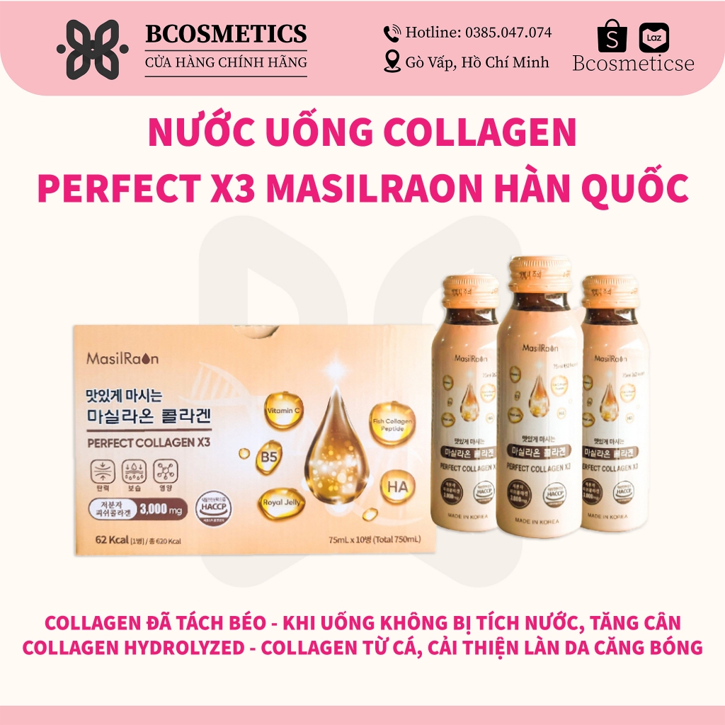 Nước Uống Collagen Perfect Collagen X3 Masilraon Hàn Quốc Hộp 10 Lọ