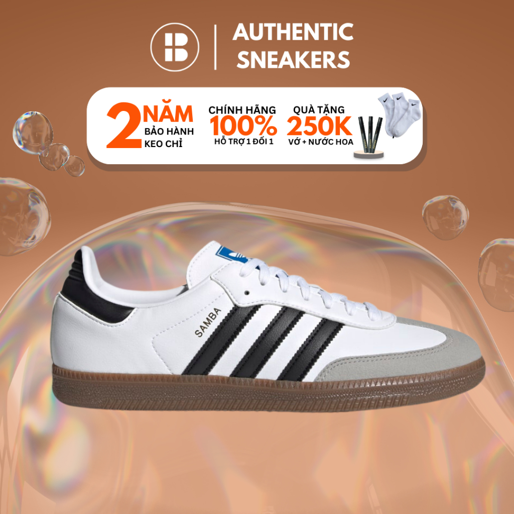 Giày thể thao AD Samba OG Vegan trắng, giày sneaker nam nữ classic,retro, AUTH H01877