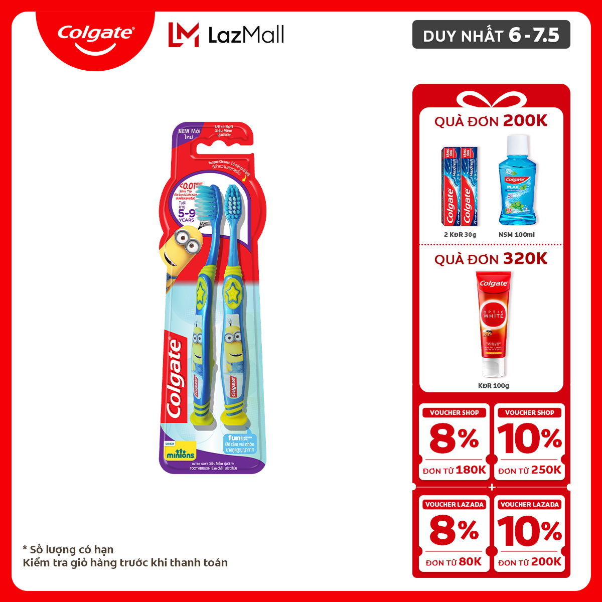 [Chỉ 6-7.5_Áp 2 tầng Voucher giảm đến 20%] Bộ 2 bàn chải Colgate Minion Twin cho trẻ em từ 5-9 tuổi