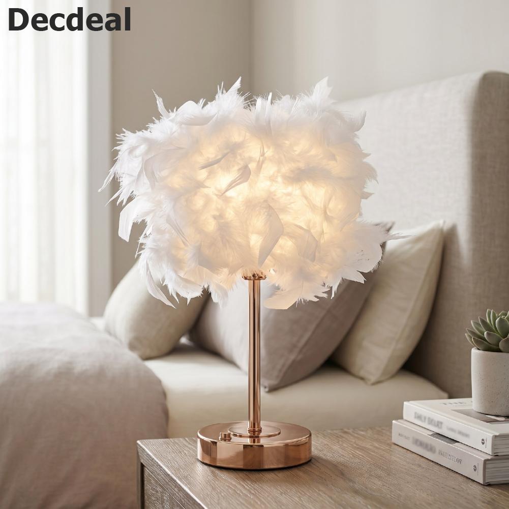 Decdeal Table Lamp Touch Control USB Rechargeable Modern Minimalist Feathers Lampshade Night Lamp with 3 Colors for Bedroom Hotel