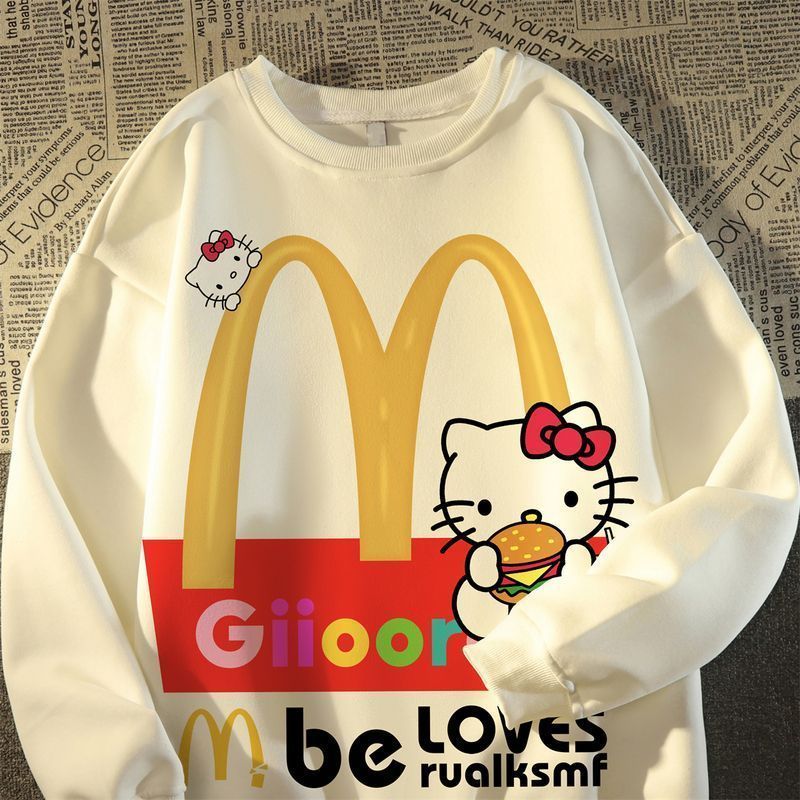 Đáng yêu Hello kitty áo len cổ tròn cho nam giới và phụ nữ phong cách rộng vừa vặn dài tay Vòng cổ á